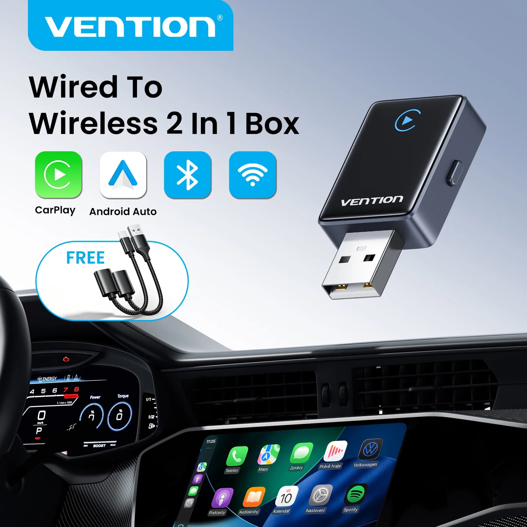 Vention Wireless Carplay e Android Auto 2in1 Smart Mini Box 5GHz WIFI BT Auto Connect per Toyota Volvo Benz MG Kia MAZDA FORD
