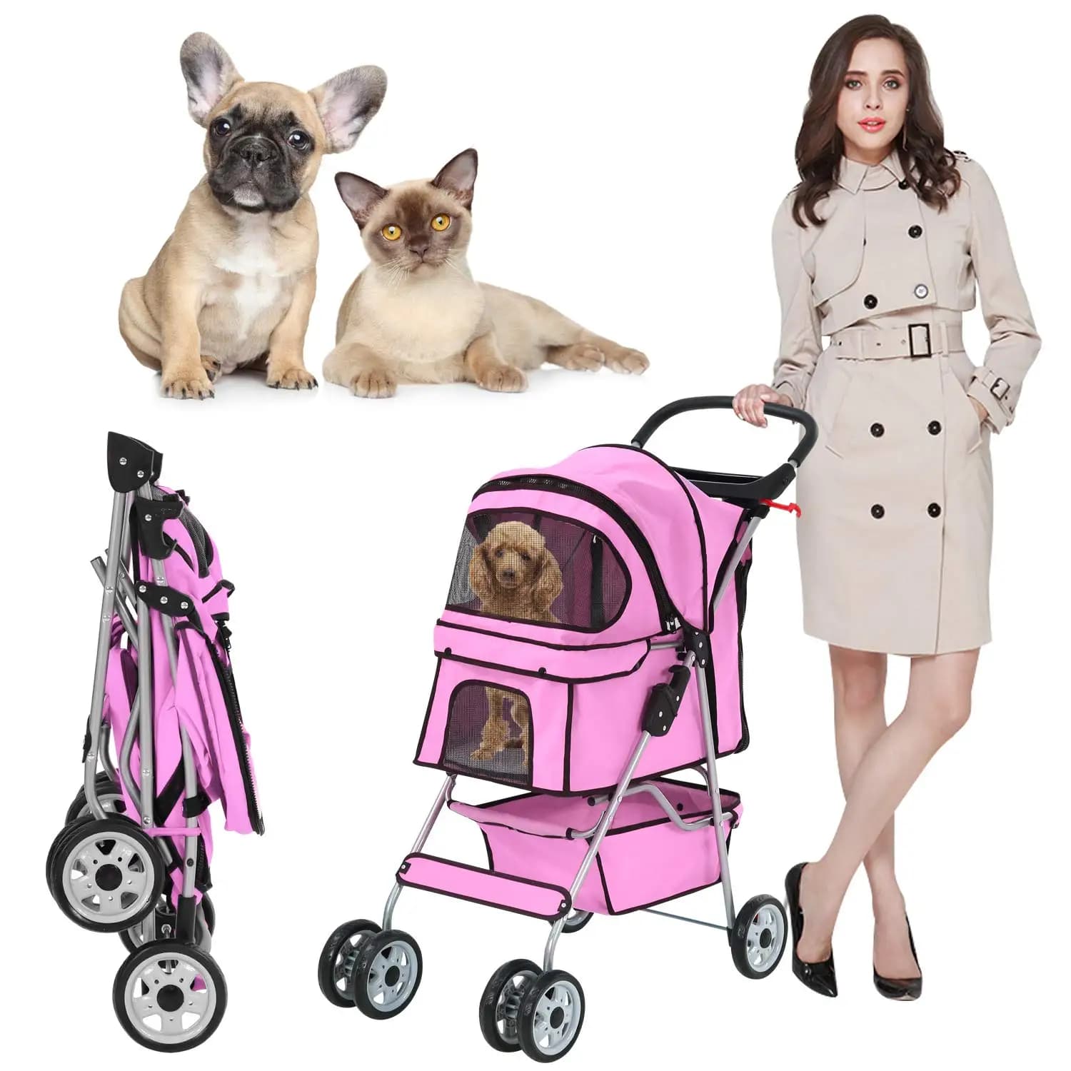 Passeggino a 4 ruote per cani e gatti, trasportino pieghevole con cestino portaoggetti, rosa