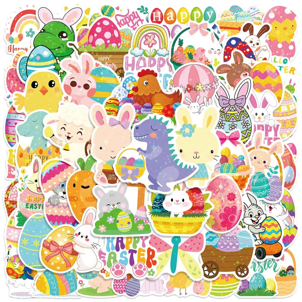 50Pcs Holographic Easter Bunny Stickers Waterproof Cartoon Stickers for Phone Water Bottle Luggage Giajar Sticker Store