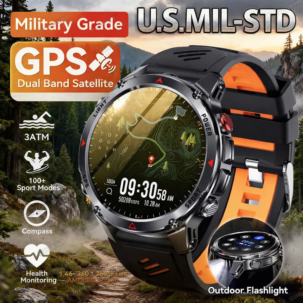 Nuovo Smartwatch Militare GPS 2026 per Esterni con Tracciamento AGPS Integrato, Impermeabile 3ATM, Bussola e Altimetro per Sport e Avventura