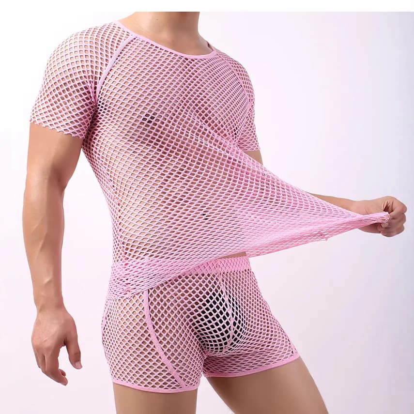 Maglietta da uomo Perspective Big Mesh, sexy, trasparente, a rete, senza pantaloni
