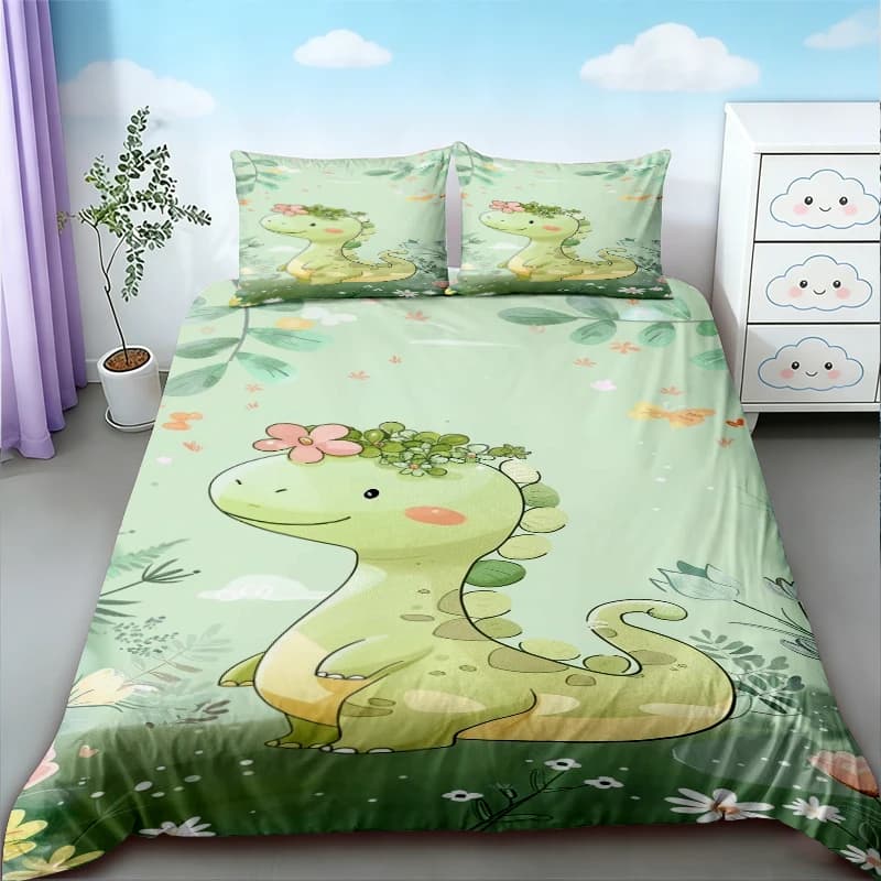 Duvet Cover Cute Dinosaur King Queen Kawaii Cartoon Wild Dino Bedding Set for Kids Boys Girls Jungle Animals Comforter Cover