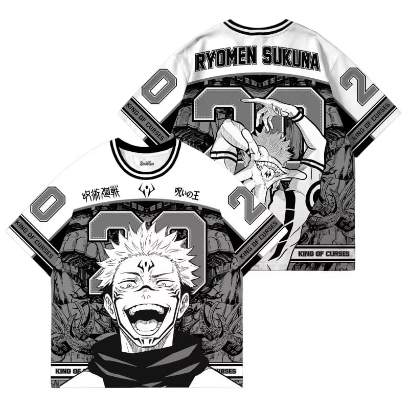 Unisex Drop Shoulder V Neck Ryomen Sukuna Anime T-shirt, Black White Number 02 King of Curses Double Sided Manga Print Tees