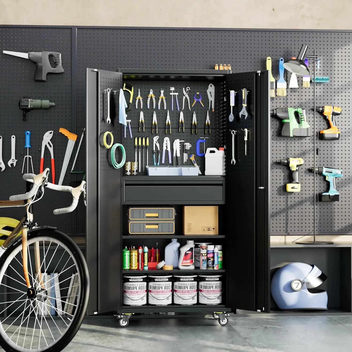 Armadio da Garage con Ruote e Porte, Armadietto Metallico Chiudibile a Chiave con Cassetto, Pannello Forato e Ganci, Personalizzabile