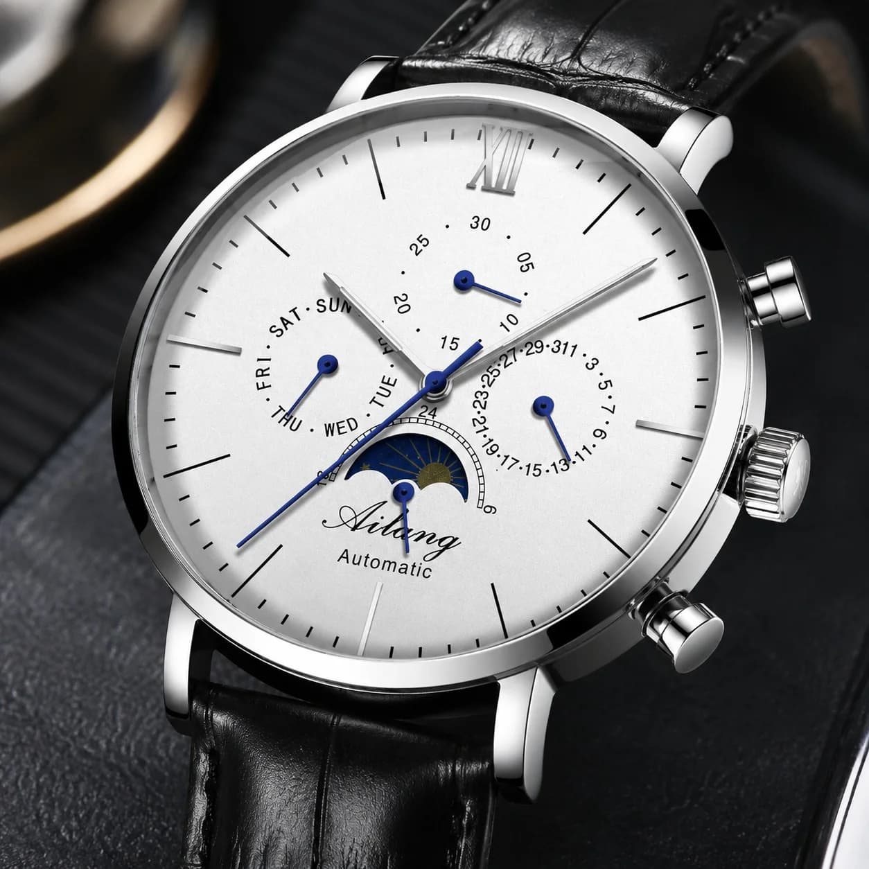 Orologio da Donna al Quarzo con Cinturino in Pelle Nera, Quadrante Bianco, Quadranti Secondari e Display Fasi Lunari - Lusso, Moda e Casual