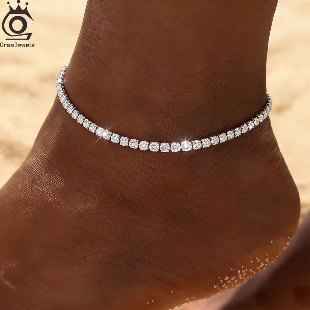 ORSA JEWELS Cavigliera a catena tennis in Argento S925 da 2mm, regolabile, stile vintage estivo da spiaggia con Zirconia Cubica SA03