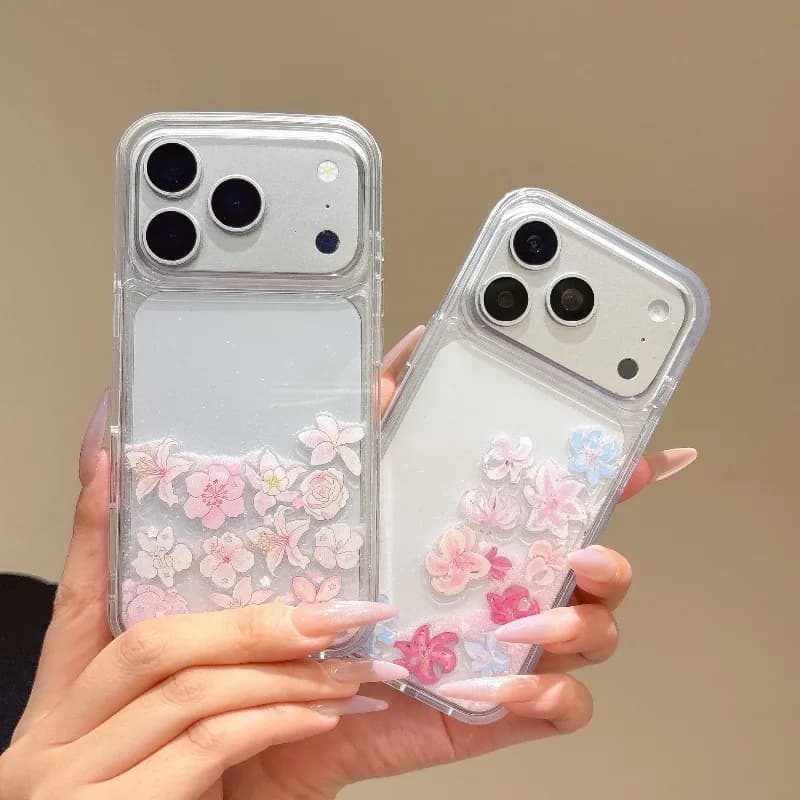 Glitter Quicksand Liquid Case for iPhone 17 Pro Max 16 15 Floating 3D Lily Peach Blossom Orchid Dynamic Move Sand Clear Cover
