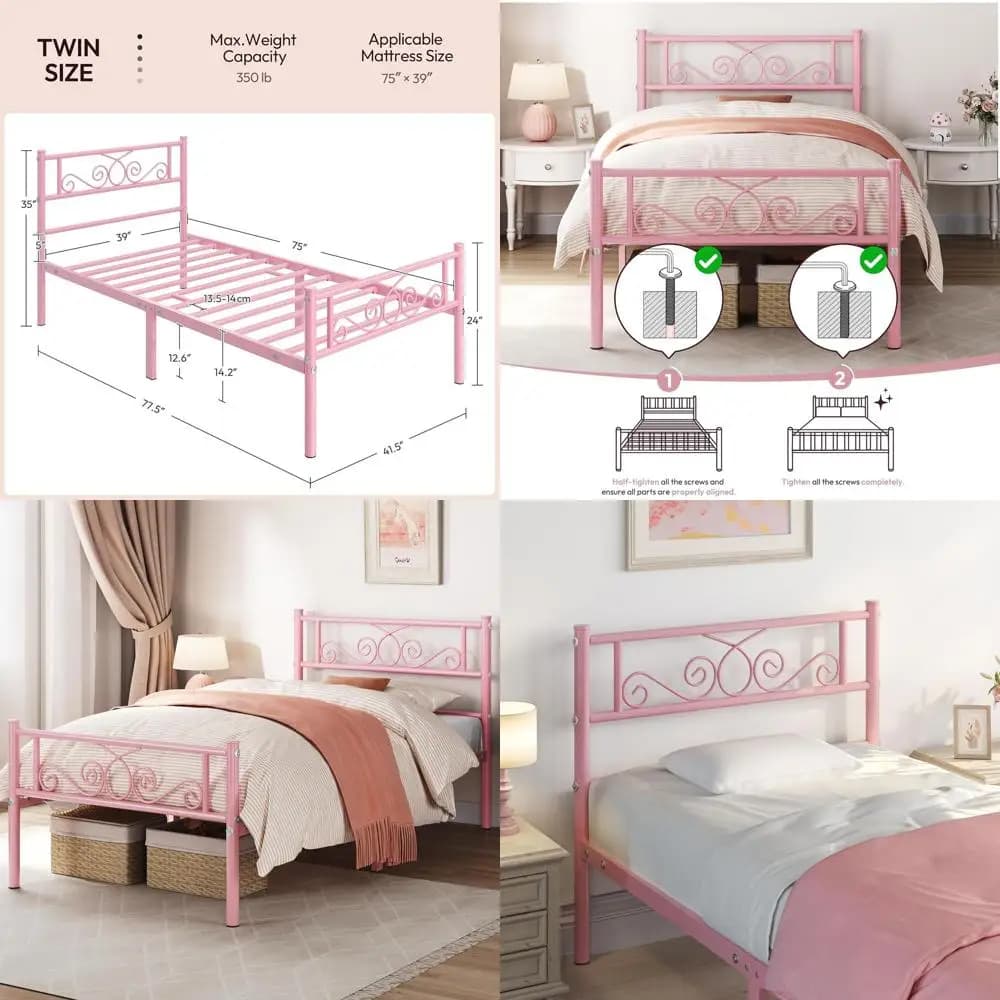 Metal double platform bed with slats and outer edge, no spring net, easy to mount, 12.6 inch space under the bed, pink