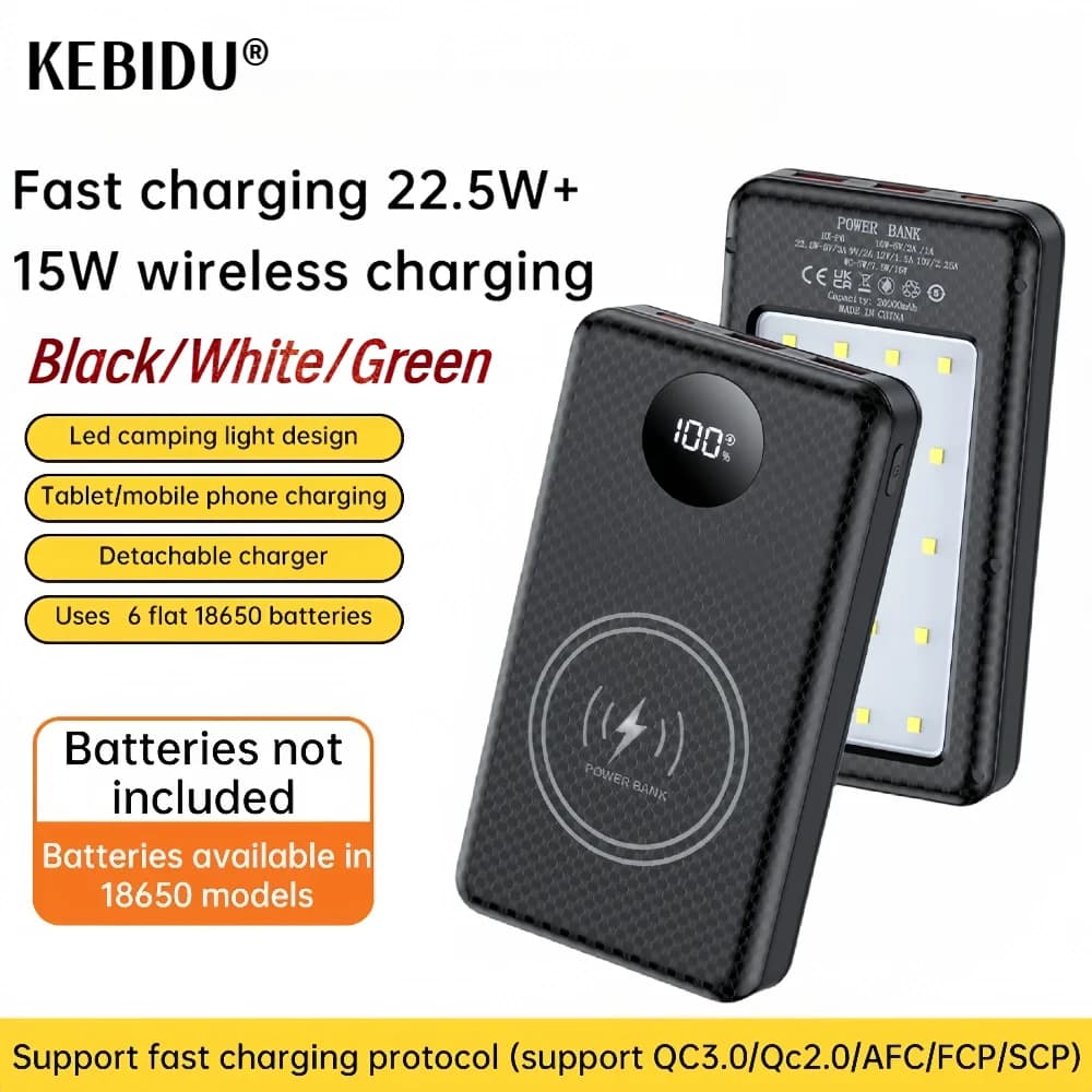 22.5W + 15W Quick Charging FAI FROM TE 18650*6 Power Bank Shell Case with Batteryless LED Battery Charging Box