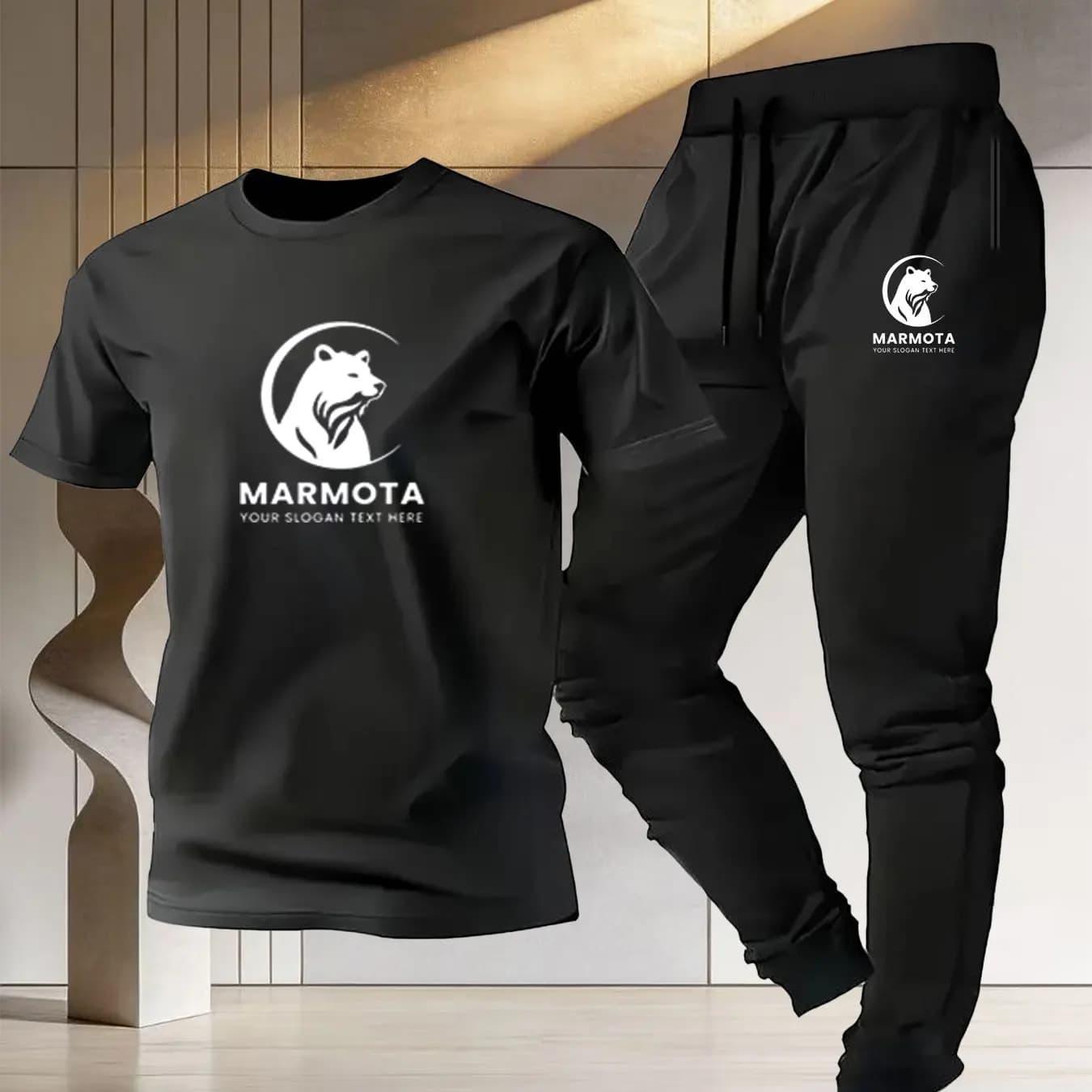 Men's sports suit in cotton for outdoor activities, new style 2026 - T-shirt crew neck + long slim-fit pants with animal print