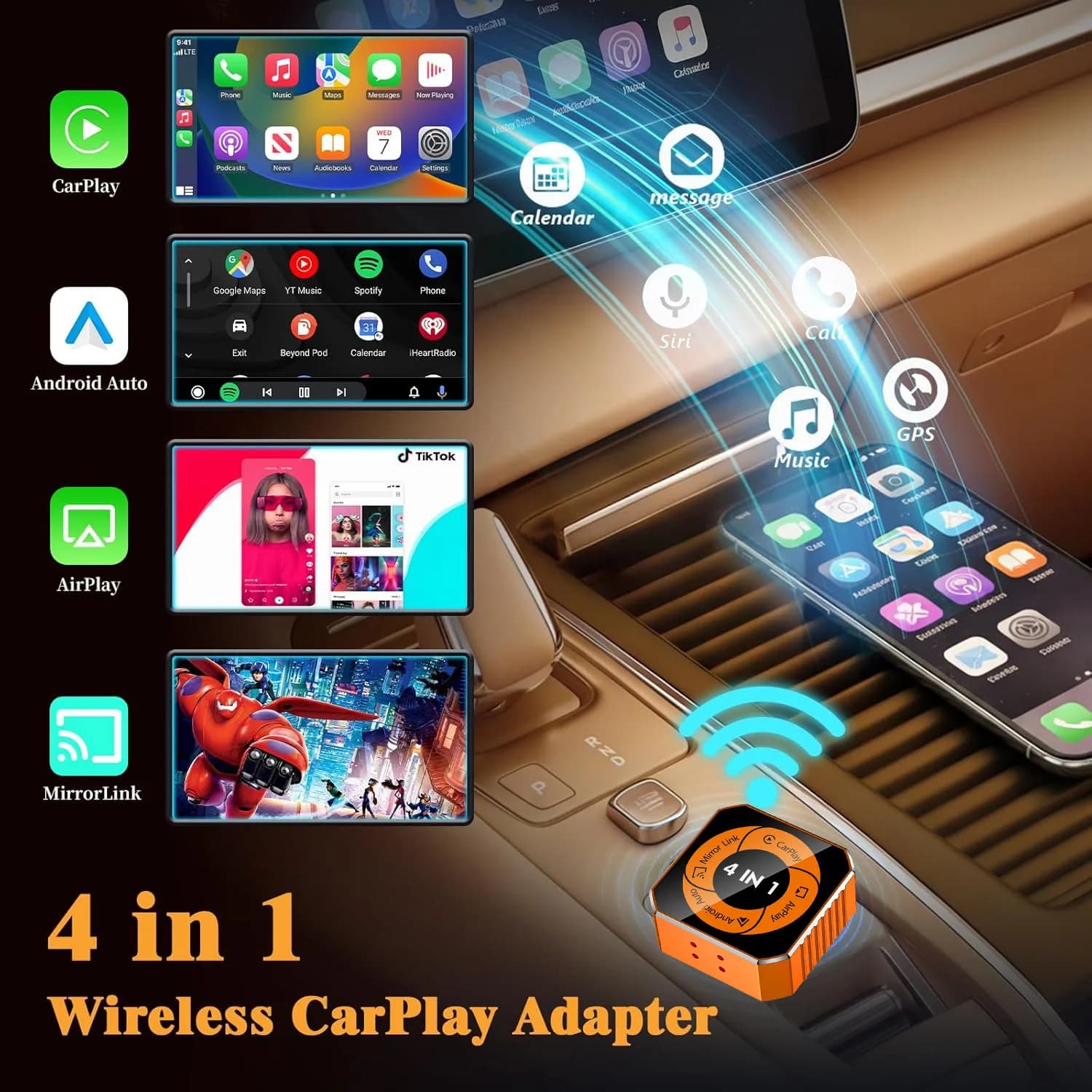 2026 Upgrade 4in1 Wireless CarPlay Android Auto Smart AI Box Mirror Link Plug & Play Auto Connect