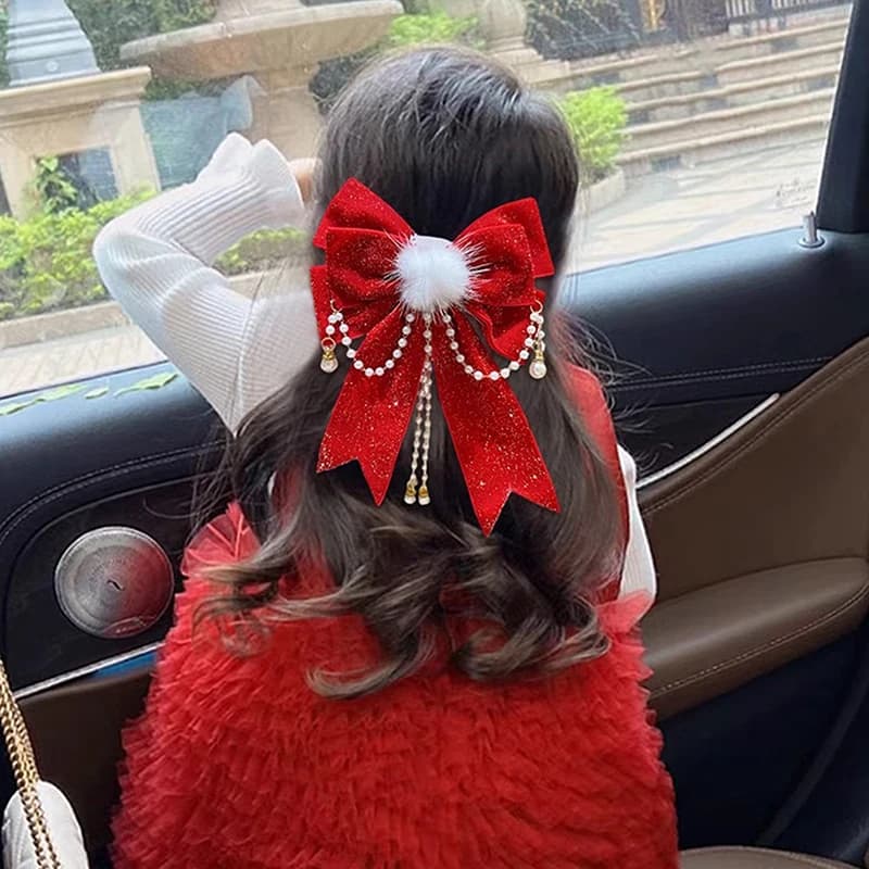 Fermaglio per capelli in stile cinese da ragazza con fiocco, corona rossa, fermaglio superiore, copricapo in stile antico per bambini, accessorio per capelli