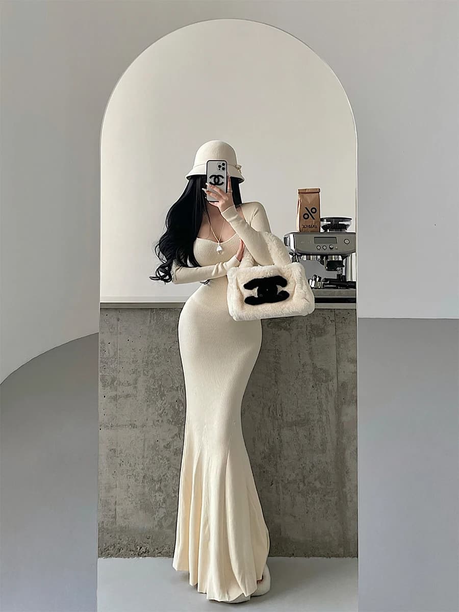 Abito a coda di pesce in maglia a maniche lunghe Pure Desire, vestito aderente a vita alta per ragazza giovane, elegante per l'autunno, modello H ispessito