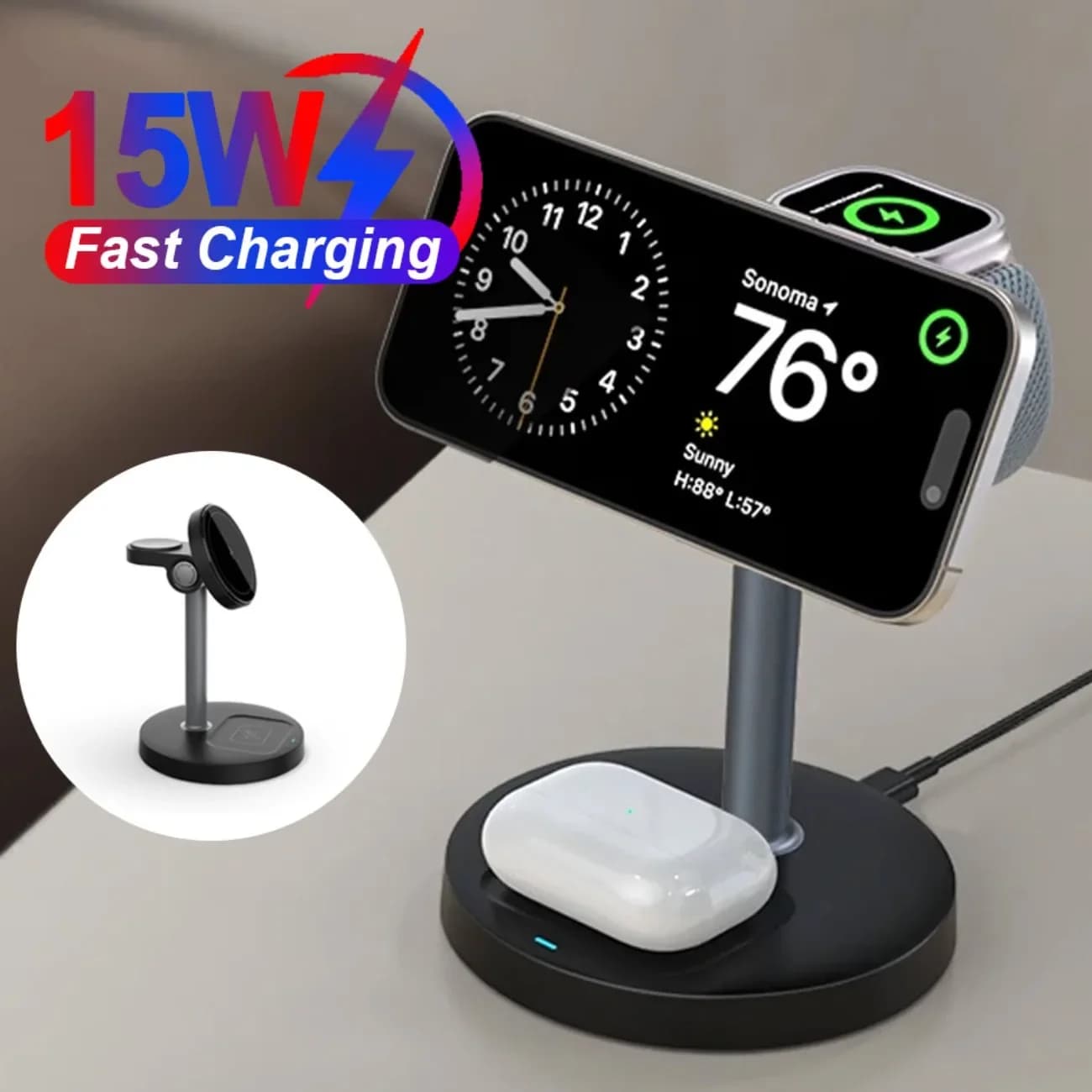 3 in 1 Magnetic Wireless Charger For Magsafe iPhone 16 15 14 13 12 Pro Max iWatch 10/9/8/7 AirPod Pro 2/1 Fast Charging Station
