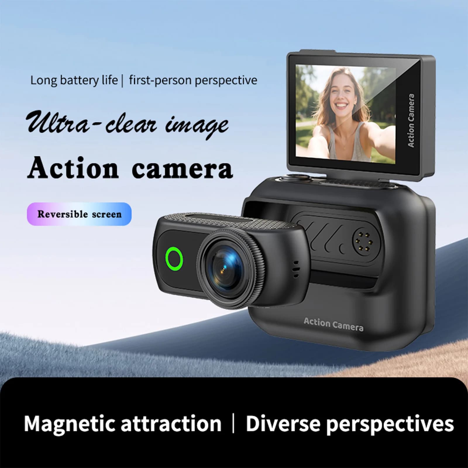 Magnetic Wearable Vlog Camera Anti-Shake Mini Action Cam 2.0in Flip Screen With Magnetic Neck Strap for Vlog Recording & Selfie