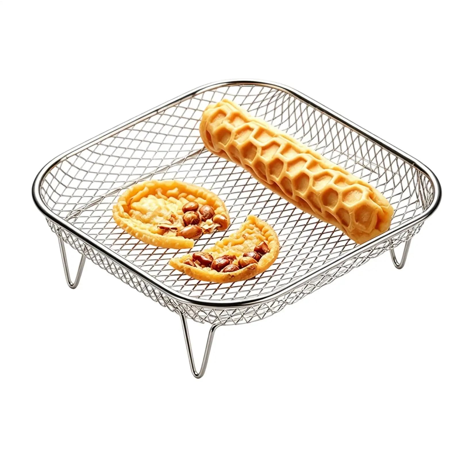 Portable Square Air Fryer Rack Stainless Steel Stackable Grid Grill with Foot Cooling Rack Home Kitchen Oven Steamer Cooker