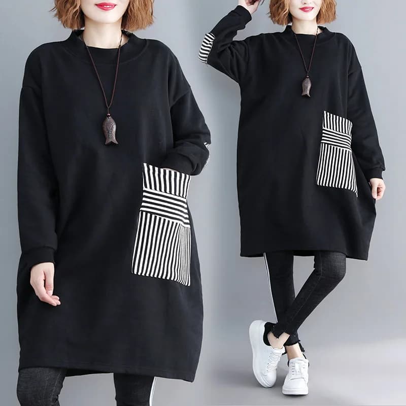 Fleece Lined Thickened Patchwork Loose Midi Cotton Hooded Jacket for plus Size Women Autumn Korean Style Fashionable Outerwear