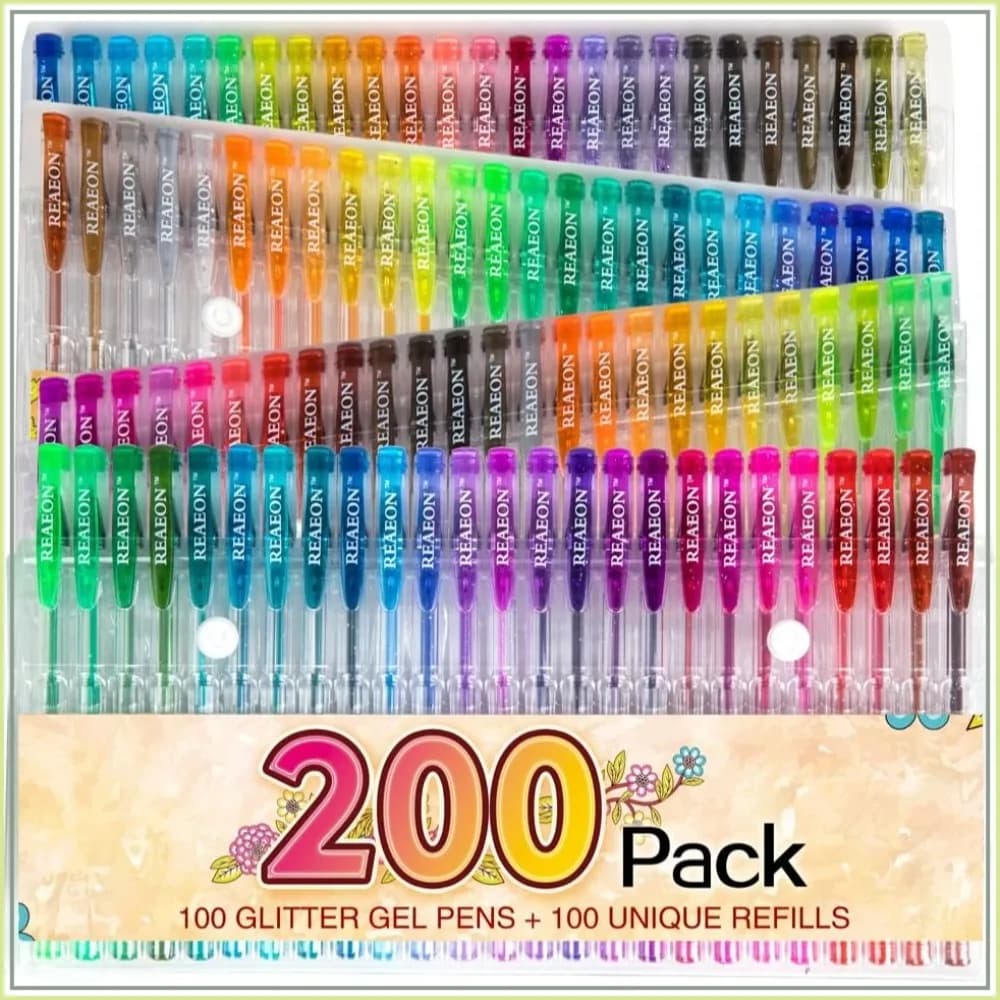 200 Glitter Gel Pen Set: 100 Pens + 100 Refills for Coloring, Doodling, Journaling