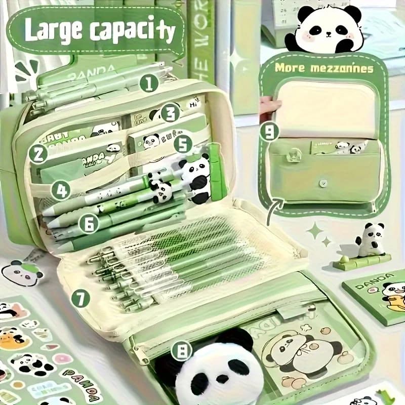 Set di astucci Panda - Panda Cosas - Organizer di cancelleria per studenti - Include adesivi Panda e astuccio.