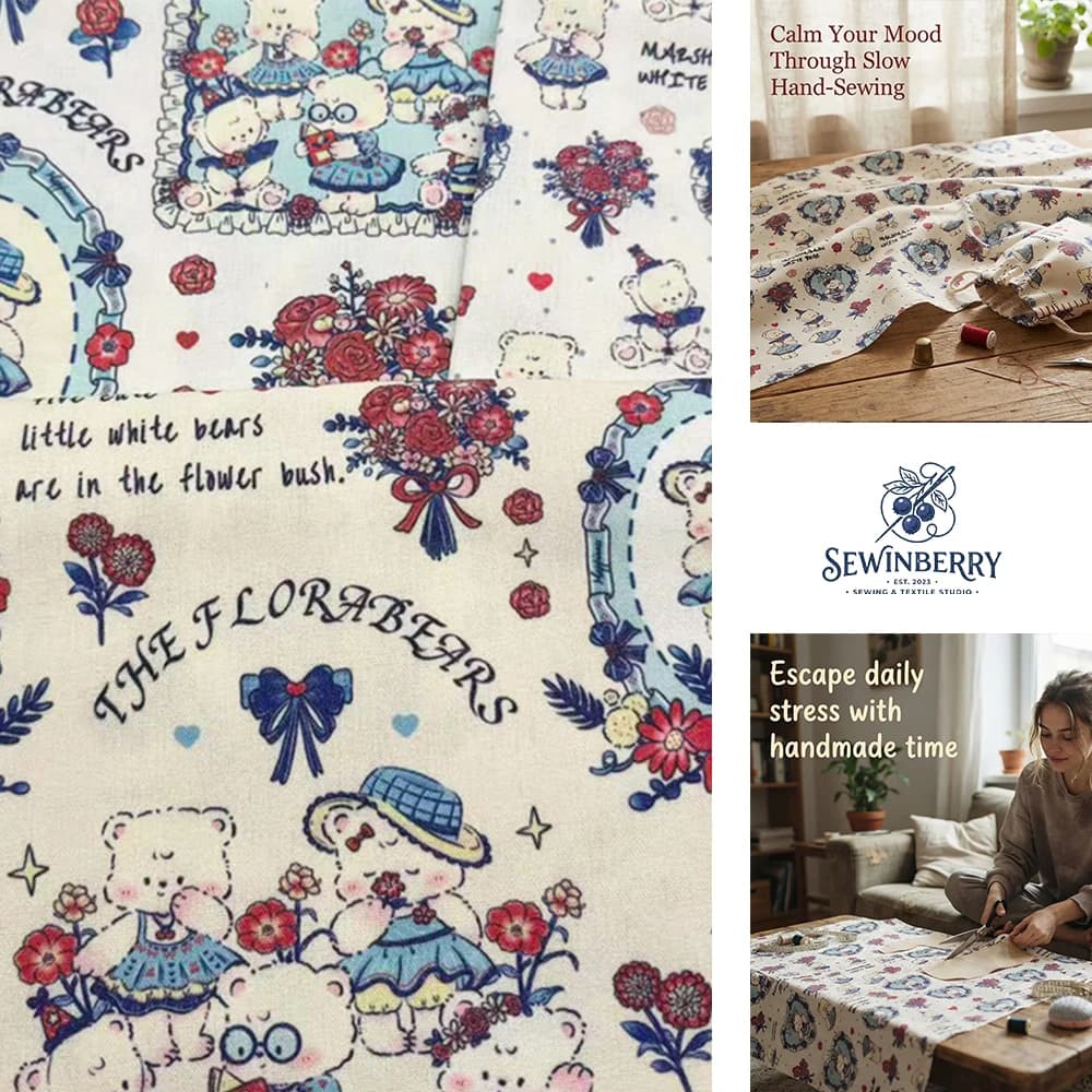Kawaii Vintage Floral White Bear Print Cotton Fabric Stress Relief DIY Sewing Material For Kids Dress Pouch Cute Handmade Craft