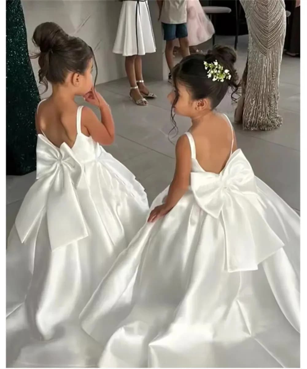 Abito da Damigella Personalizzato con Fiocco, Vestito da Cerimonia per Bambine, Elegante Mini Abito da Sposa per Prima Comunione