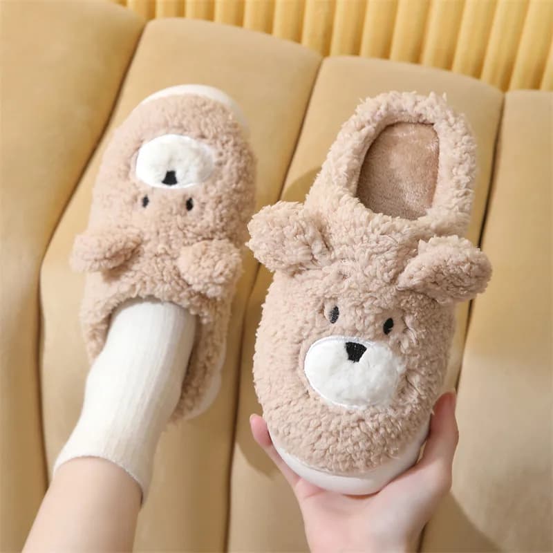 Simpatiche pantofole invernali con orsetto cartone animato - Scarpe da casa foderate in pile di peluche per donna, scivoli interni caldi con suola spessa con fondo antiscivolo