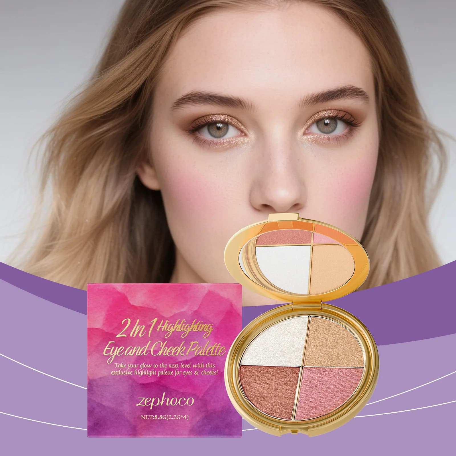 Illuminating Palette, Ombretto and Blush, 3-in-1 Multifunctional, Improves Makeup Delicacy, Fits All-in-One for Eyes and Bright Faces