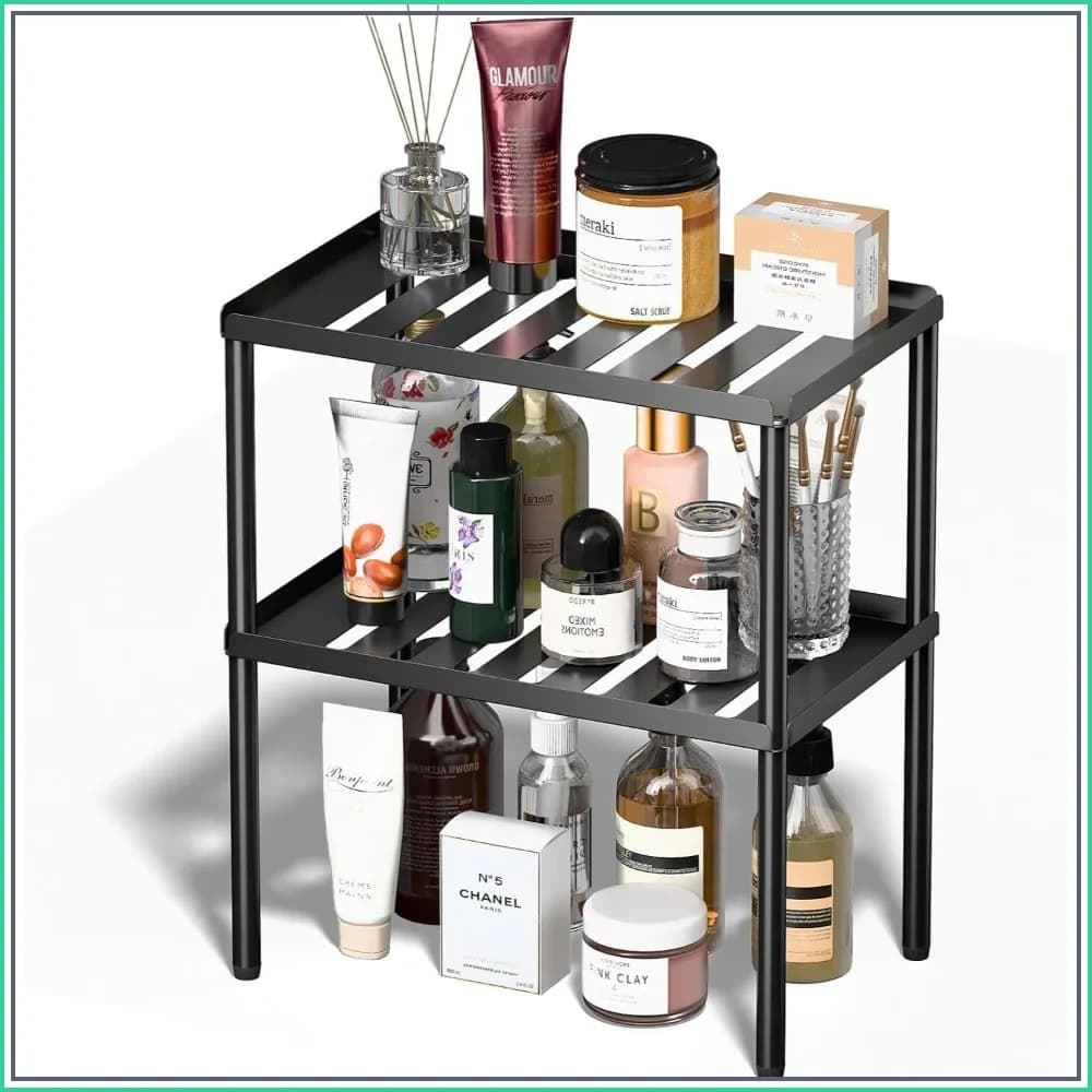 2 Tier Cabinet Organizer Shelf, Stackable Metal Kitchen Shelf for Countertop, Pantry & Under Sink Storage
