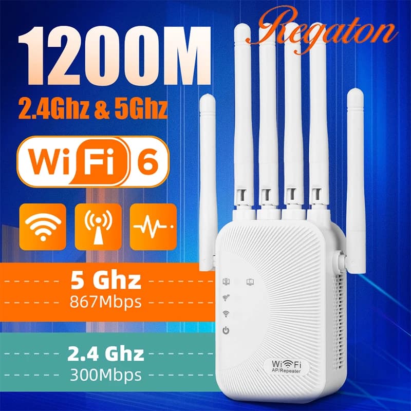 Ripetitore WiFi Dual Band 5G e 2.4G 1200Mbps, Amplificatore di Segnale Wireless Stabile, Installazione Semplice per Casa