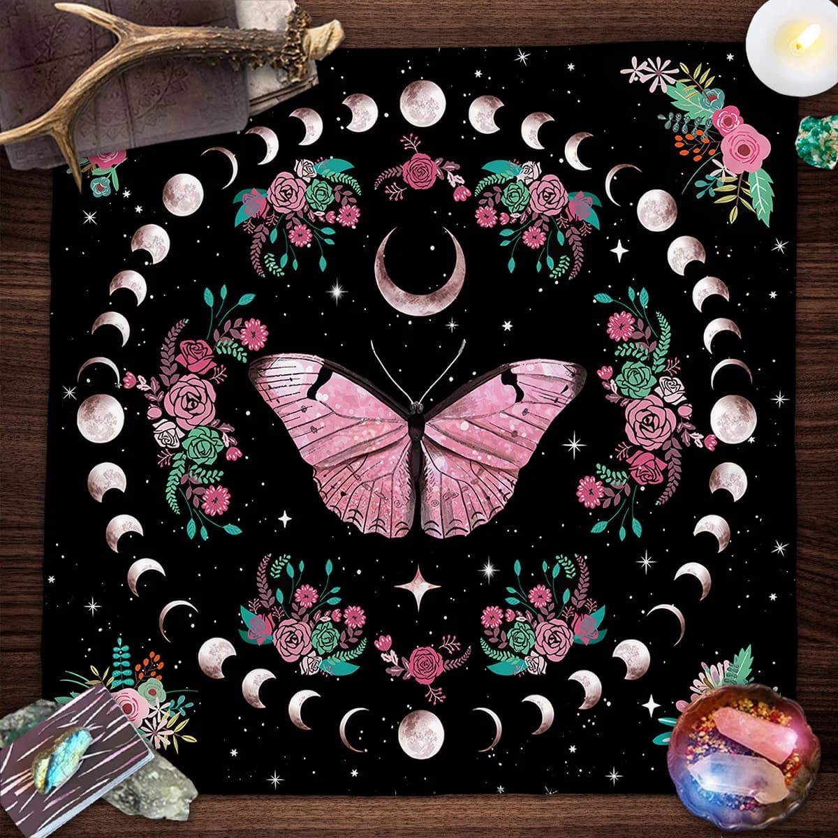Farfalla rosa fasi lunari carta tarocchi floreale tovaglia altare panno stregoneria astrologia oracolo divinazione panno decorazioni per la casa
