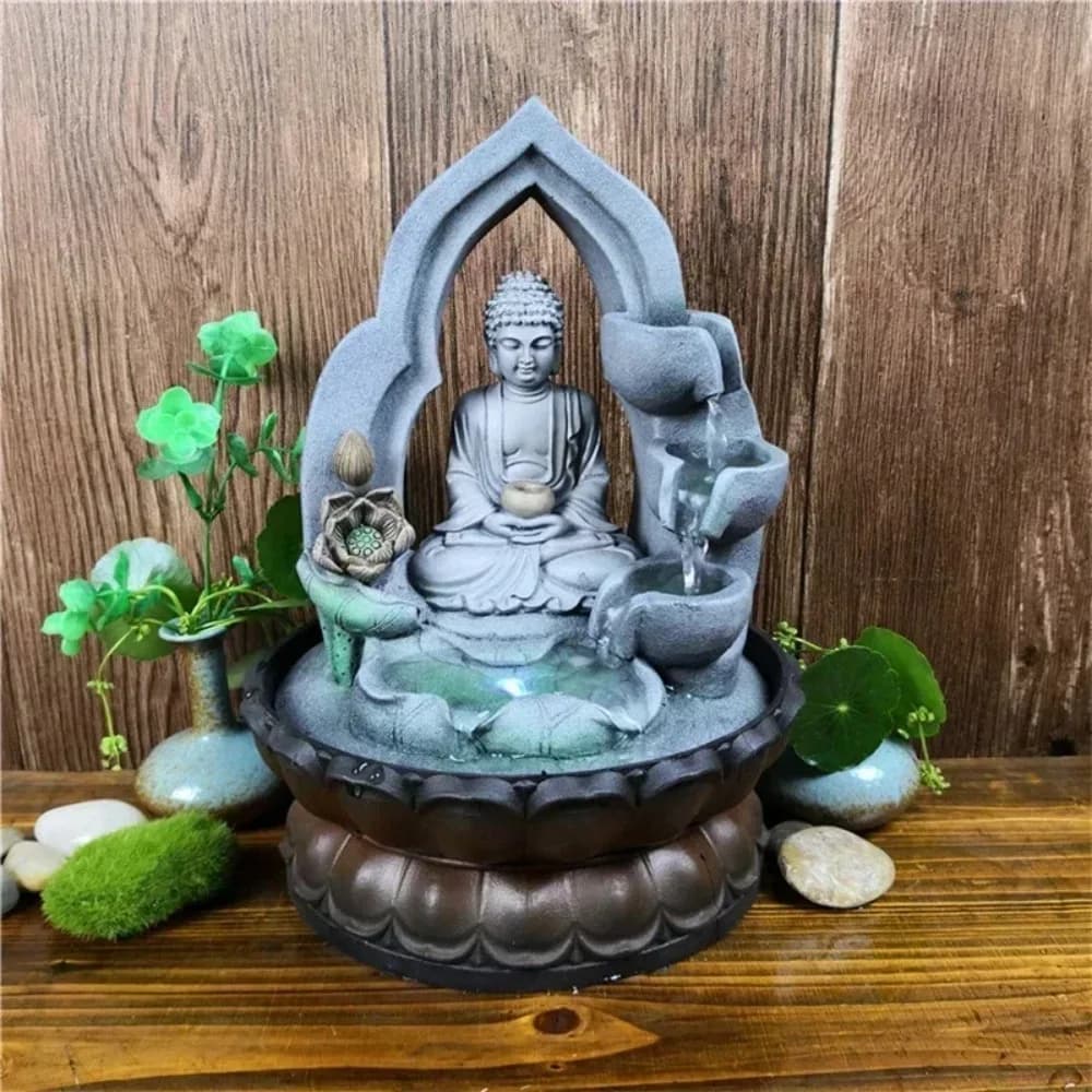 Umidificatore per aria interna Fontana a cascata Fontana per rilassamento da tavolo per ufficio Vista con luce a LED Statua di Buddha Feng Shui fortunata