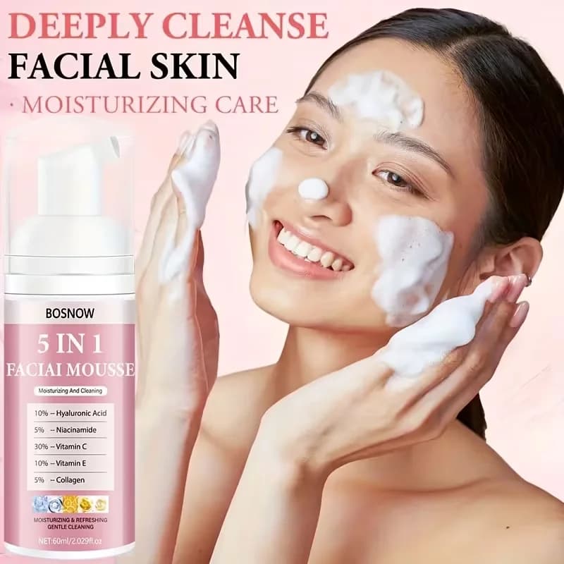 60ml 5-in-1 Cleansing Mousse/Facial Cleanser, Easy-To-Press Formula, Dense Foam, Rich in Hyaluronic Acid, Niacinamide, Vitamin C, Vitamin E, Collagen, Deeply Cleanses Pores and Oil, Opens up Skin Pores, Makes Skin Healthier, Moisturizes, Softens, and Smooths Skin, Provides a Light and Clean Feel, Creates Soft, Delicate, Smooth, and Elastic Skin, Suitable for Both Men and Women, Suitable for Family Use, Suitable for Gifting