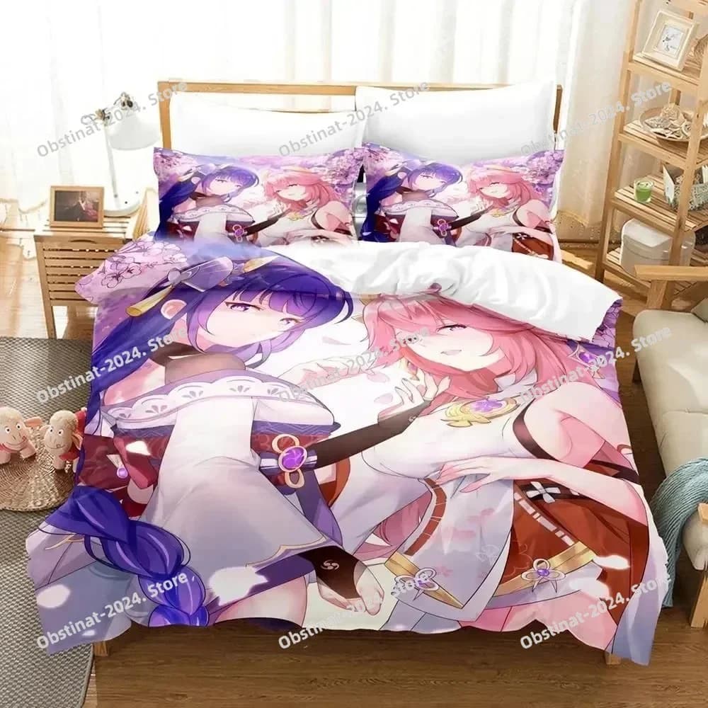 Anime Genshin Impact Yae Miko Gioco Set biancheria da letto Stampato singolo Piumino trapunta Copripiumino Federa 3 pezzi Bambini Taglia adulto