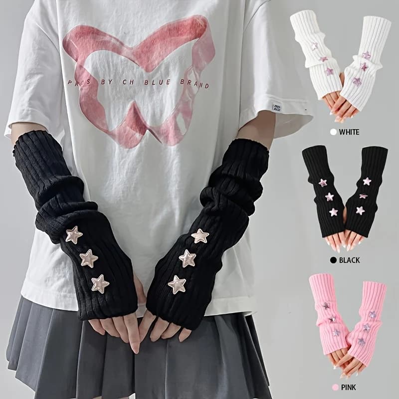 1 paio di guanti senza dita da donna con decorazione a stella bianco/nero/rosa guanti accessori alla moda lavabili in lavatrice