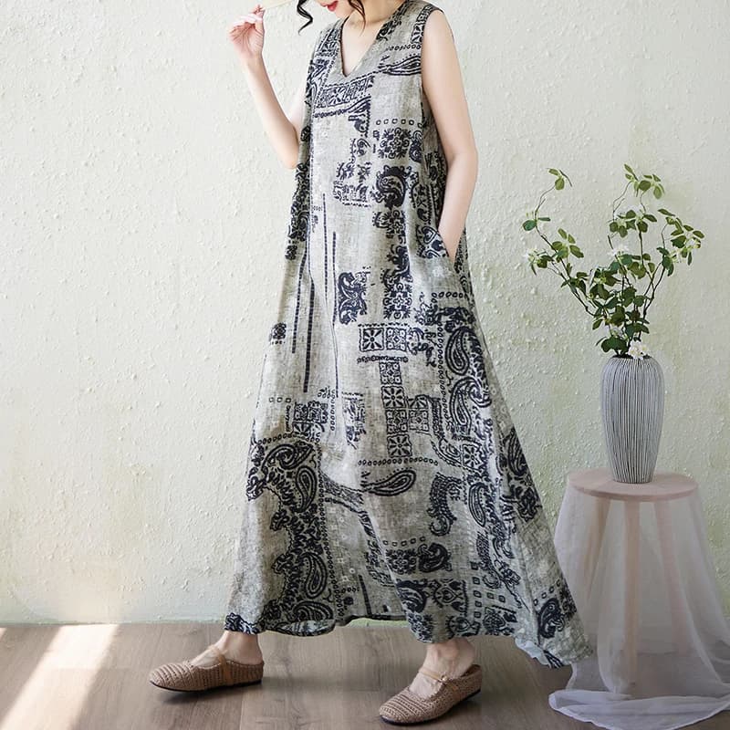 plus Size Women's Dress V-Neck Cotton Linen Skirt Large Swing Summer New Style Belly Covering Comfortable A-Line Gown