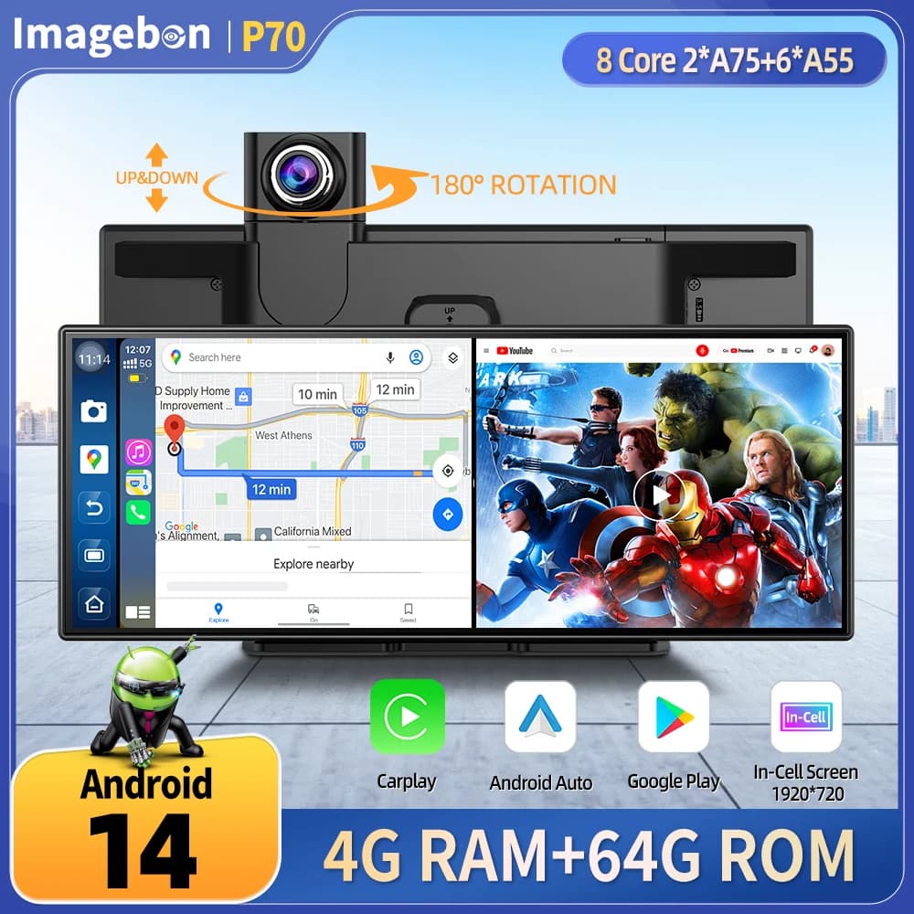 Imagebon P70 11.4" Android 14 8 Core DVR Triple Vision Camera Carplay/App: Split Screen Recorder, YouTube, Spotify, AI Dash Cam