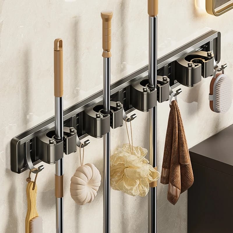 Mop and Broom Organizer Mop Holder Rack Mop Holder Wall Mounted Strong Broom Mop Holder Self With 5 Hooks Organizers Hang Broom