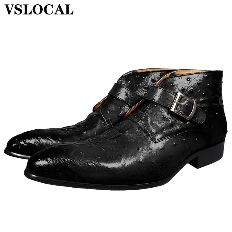 2025 Stivaletti da uomo Scarpe Cinturino con fibbia nera Stampe di struzzo CROCO Abito casual Stivali da cowboy Slip on Stivali in pelle da uomo