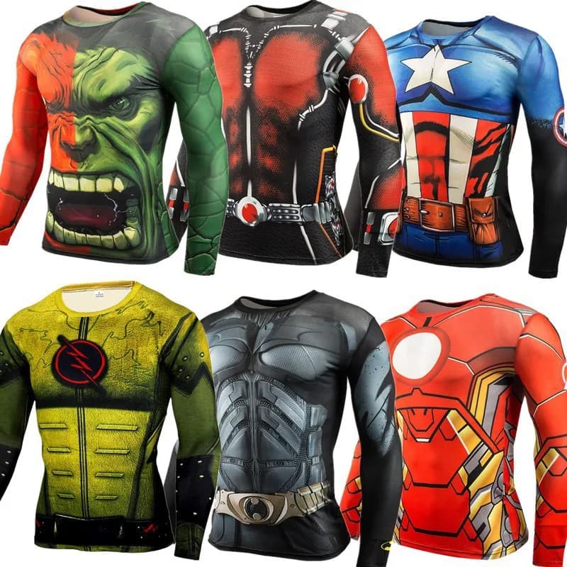 Anime Superhero Cosplay Costume Long Sleeves Armor Print Compression Shirt Workout Fitness Summer Clothing