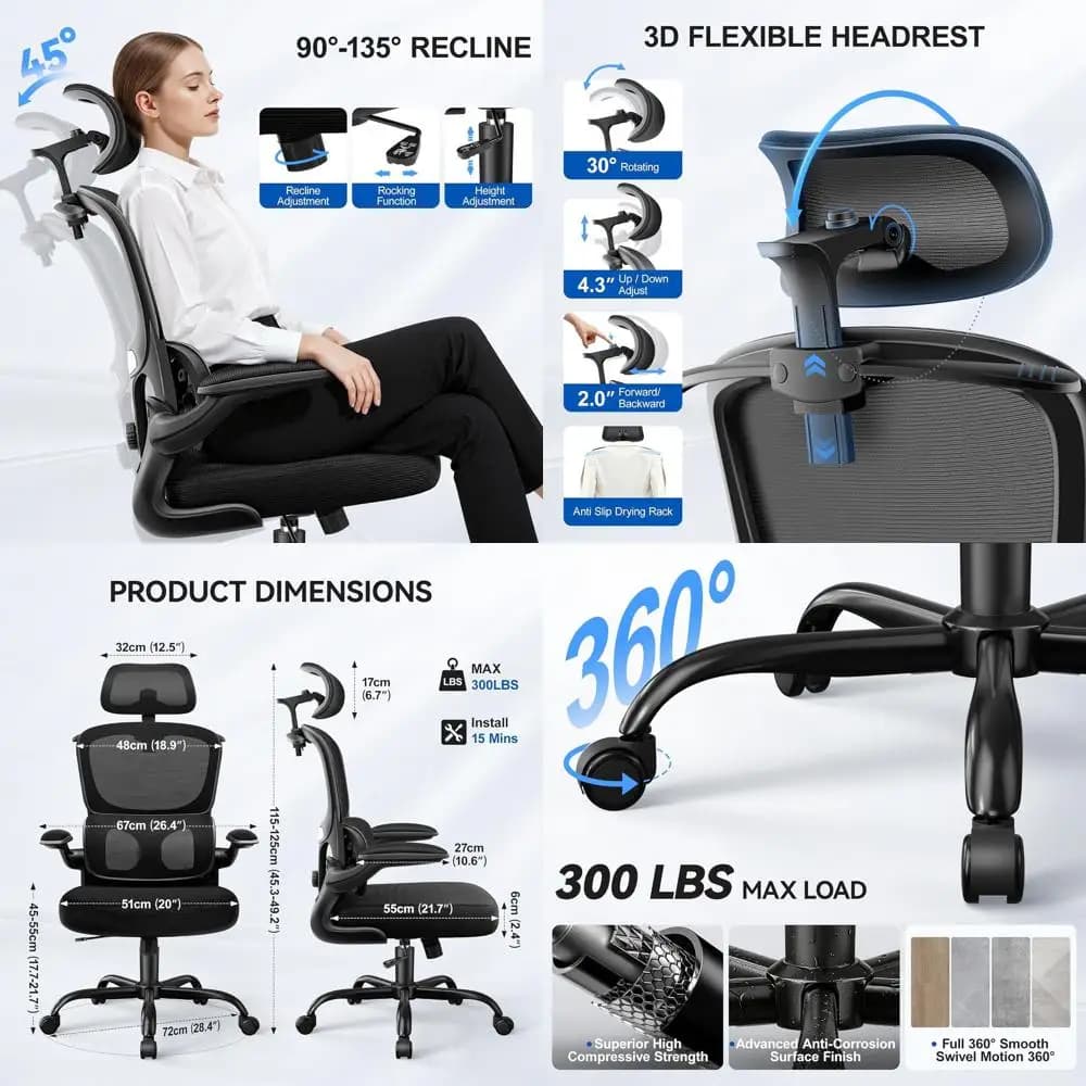 Sedia da ufficio ergonomica in rete con schienale alto, supporto lombare, braccioli regolabili e cuscino spesso per il massimo comfort, supporta fino a 30 persone