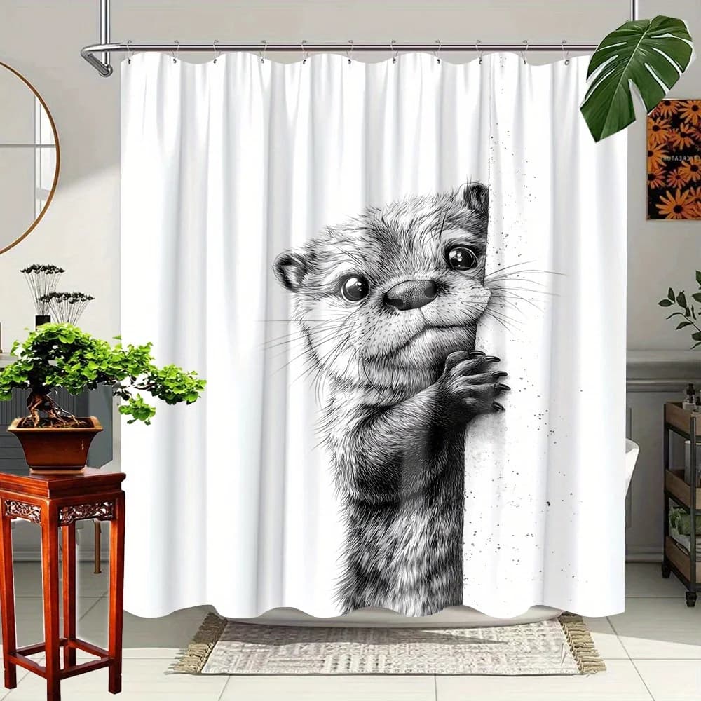 Tenda da doccia con lontra da 1 pezzo con adorabile design di animali - Stampa di lontra che sbircia carina, tessuto in poliestere, tende da doccia per il bagno