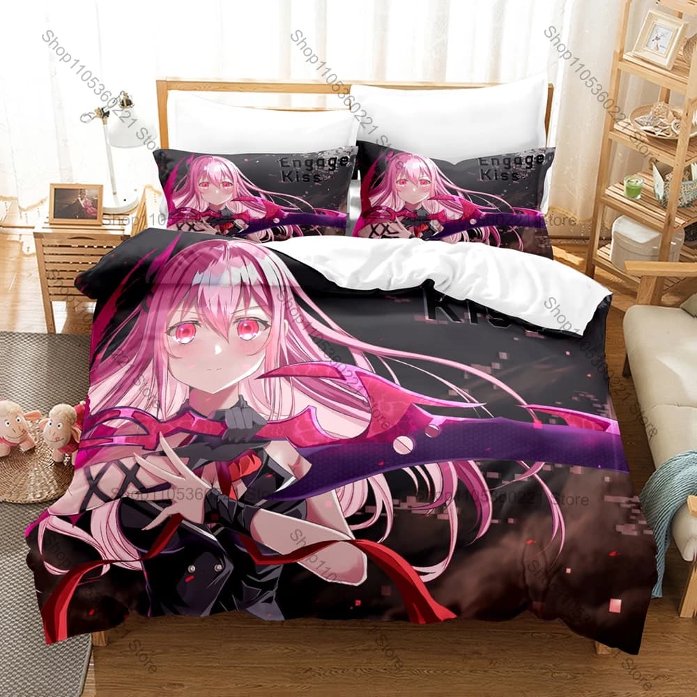 Modern Urban Demon Action Anime Engage Kiss Full Printed 3PCS Bedding Duvet Cover + 2 Pillowcases Teen Dorm Home Decoration