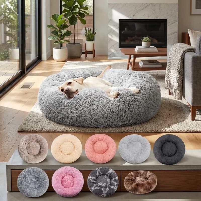 Round Plush Dog Bed, Winter Warm Washable Cat Bed, Cozy Pet Sofa with Raised Edges for Small Medium Large Dogs Cats