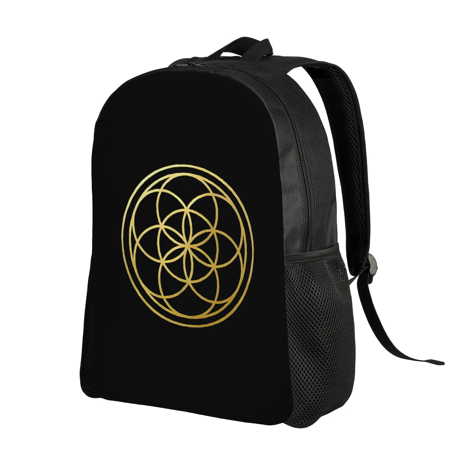 The Seed of Life Golden Sacred Geometry Mandala Esoteric Fashion Printed Backpack, Suitable for Commuting, Travel, and Leisure, Suitable for Both Men and Women