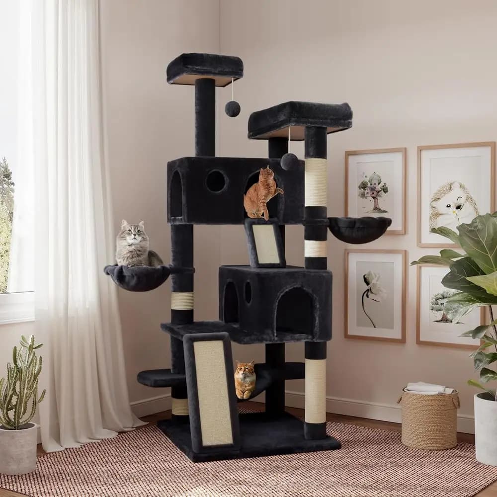 Albero per Gatti a 65 Livelli con Base Larga, Posti Sdraiarsi Morbidi, Cesti, Pali in Sisal e Amaca - Grigio
