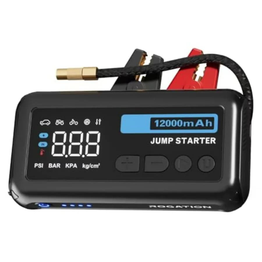 Avviatore di Emergenza Portatile 12V con Compressore d'Aria 150PSI e Power Bank a Ricarica Rapida Bidirezionale 33W, 2500A di Picco, 12000mAh