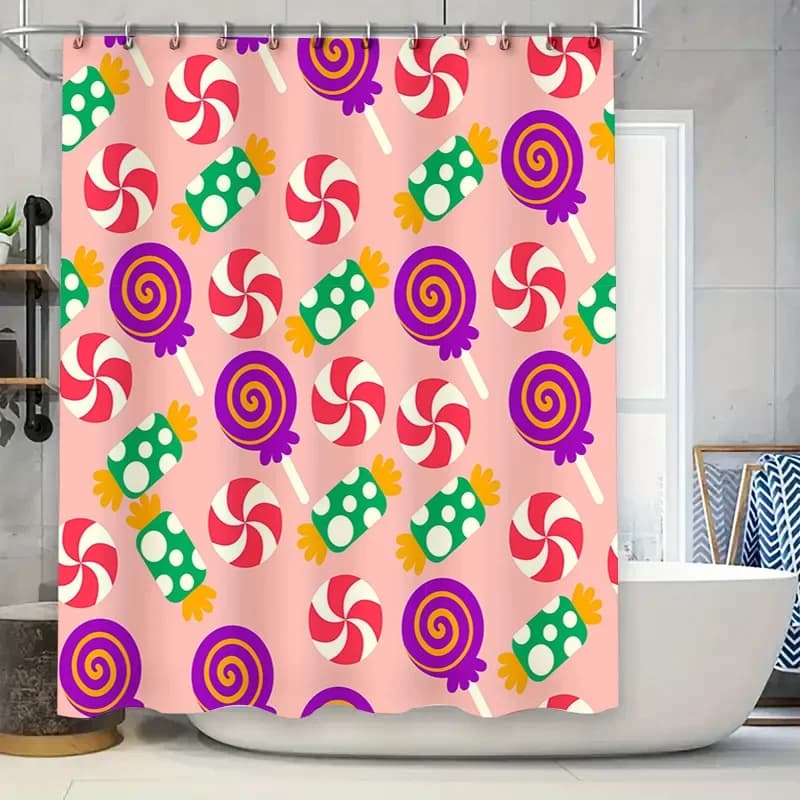 Bright Candy Print Shower Curtain Waterproof Bathroom Decor for Kids Room Polyester Fabric with Grommets Rings Set