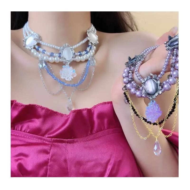 French Celebrity Luxury Multi-layer Crystal Beaded Flower Water Drop Necklace Women's High-end Fashion Collarbone Chain Accessor