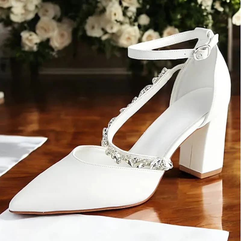 European and American high toe heels Chunky heel with strass woman Buckle quarry with one word with single shoes with little deep mouth