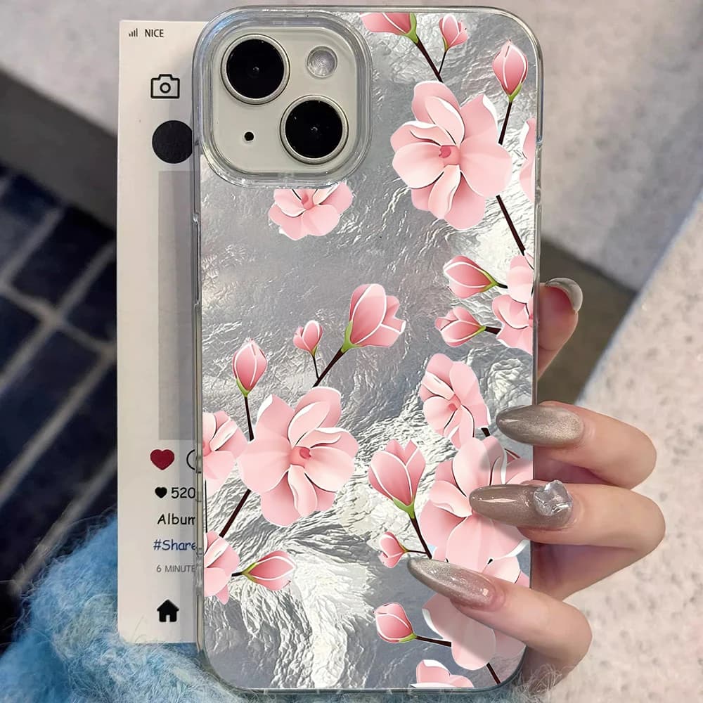 Glacier texture Pink Magnolia Phone Case For iPhone 17 Pro Max 16 14 15 13 Pro Max 12 11 Pro Max 8 Plus X Shockproof Hard Cover
